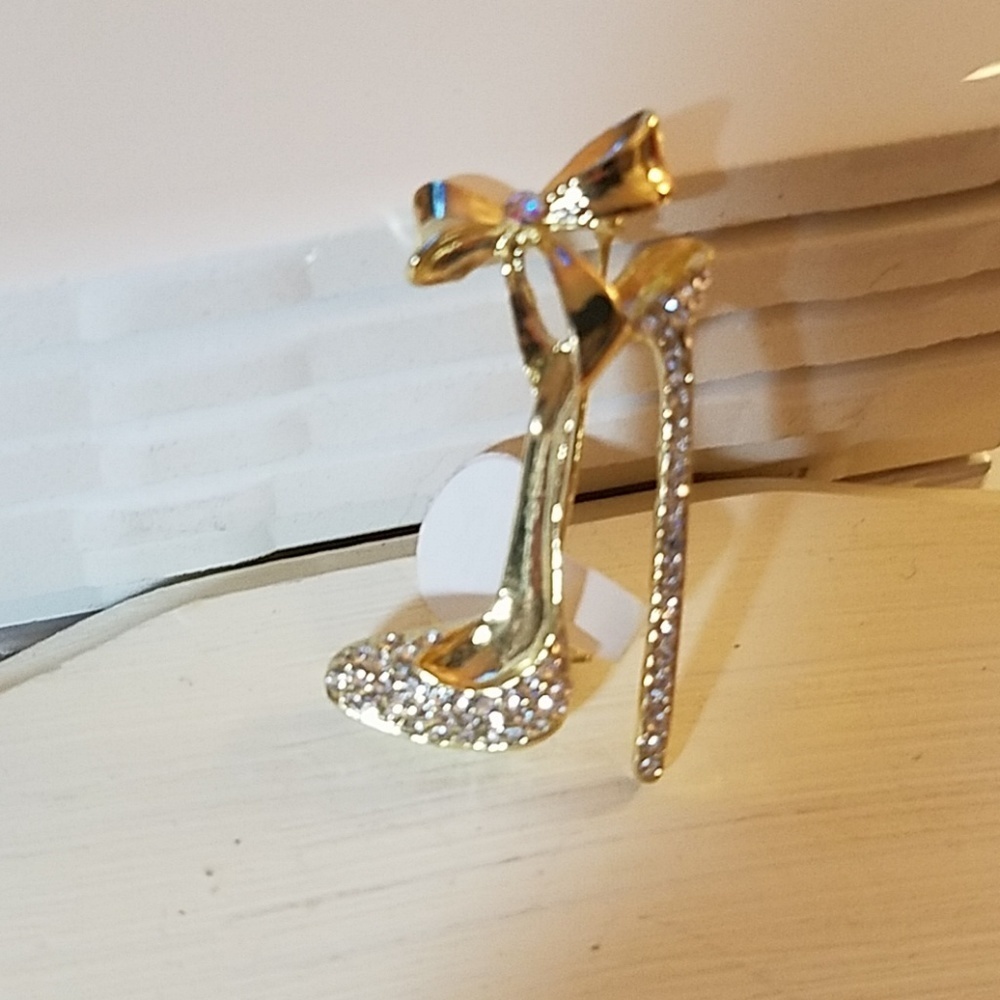 Gold Tone Rhinestone 1.75" Pin High Heel Shoe